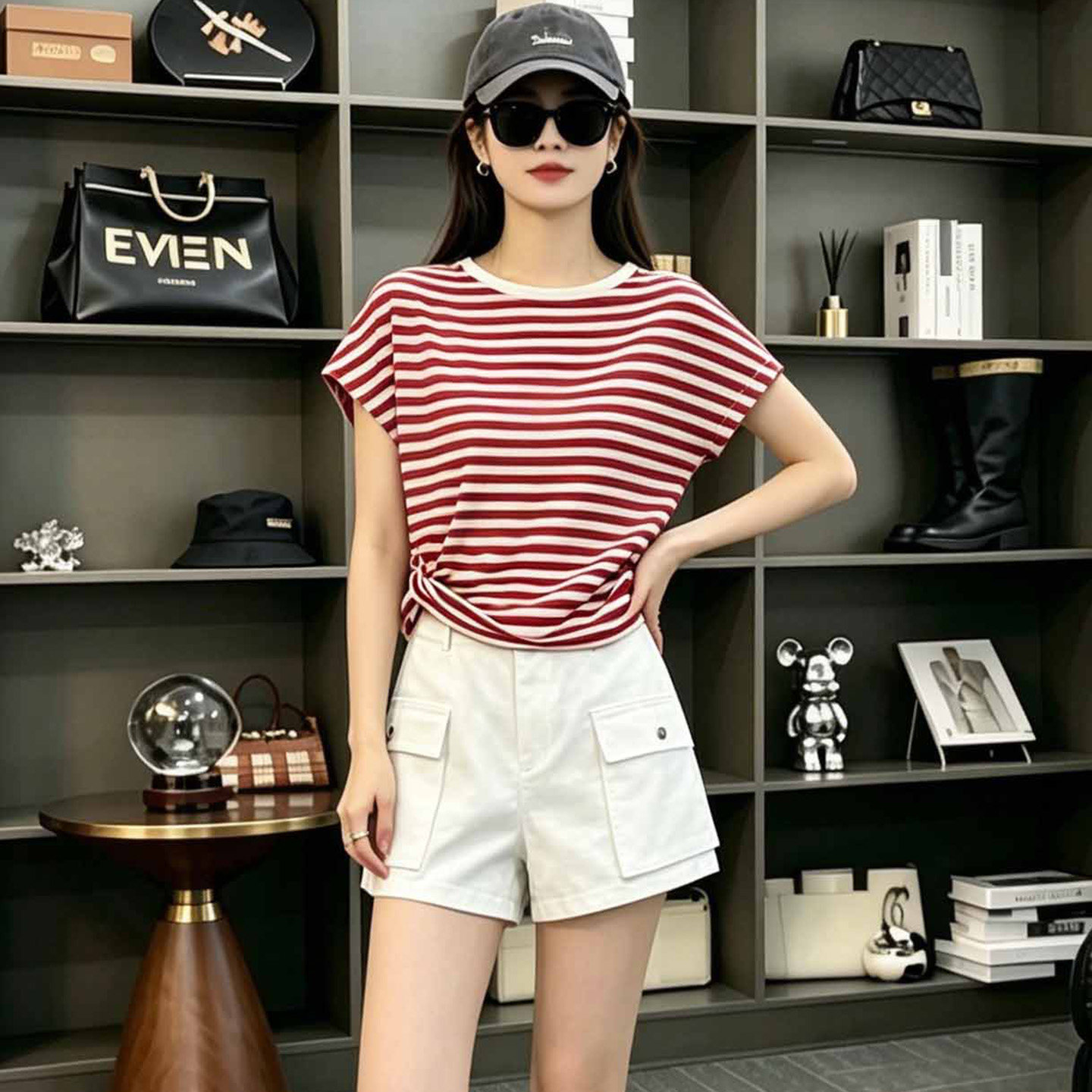 条纹蝙蝠短袖工装短裤休闲套装女