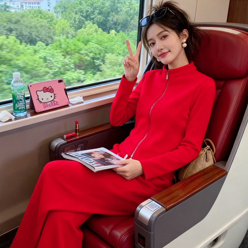 本命年红色立领卫衣阔腿裤套装女