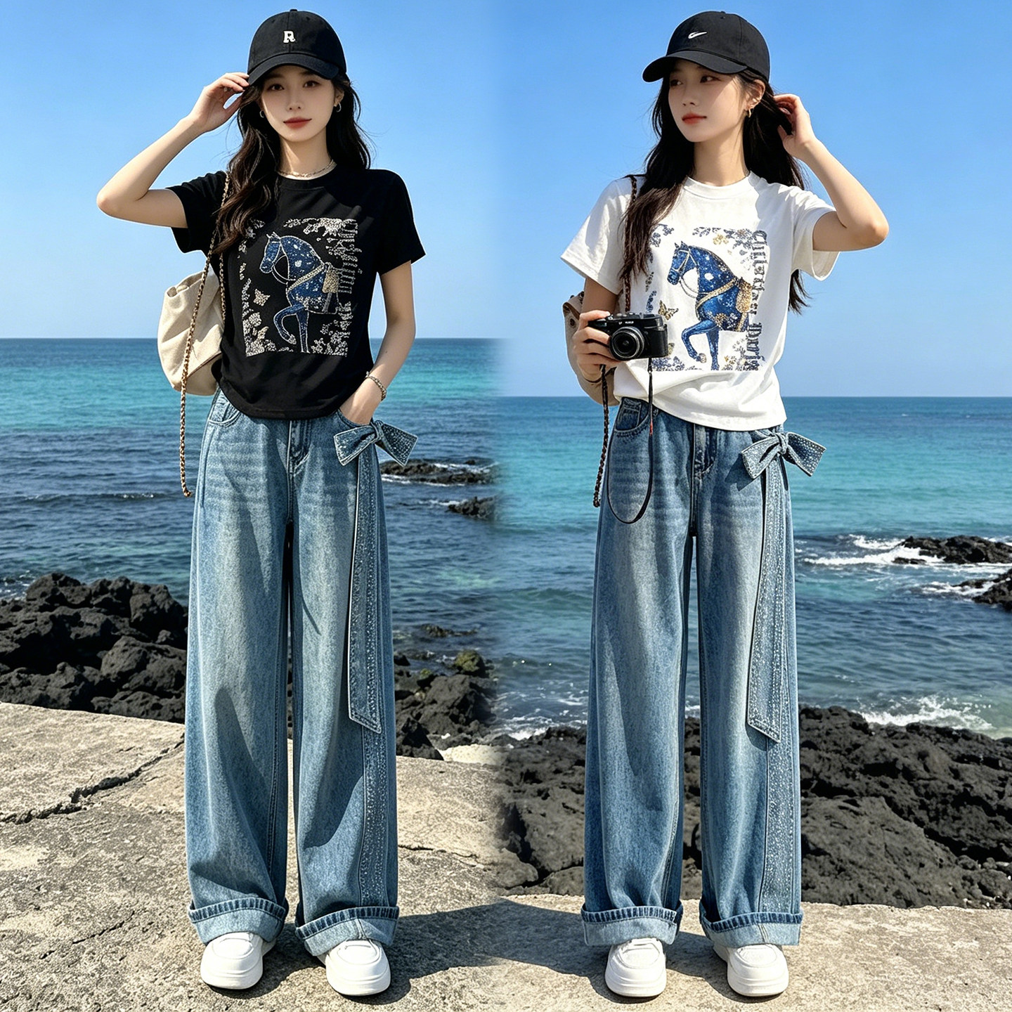 马印花短袖蝴蝶结牛仔裤时尚套装
