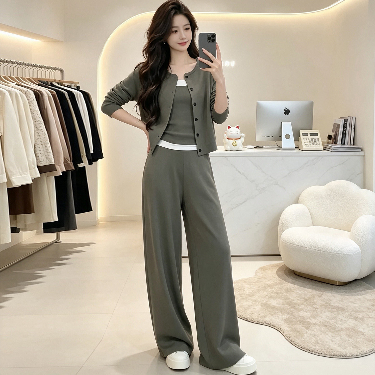 显瘦开衫背心阔腿裤休闲三件套女