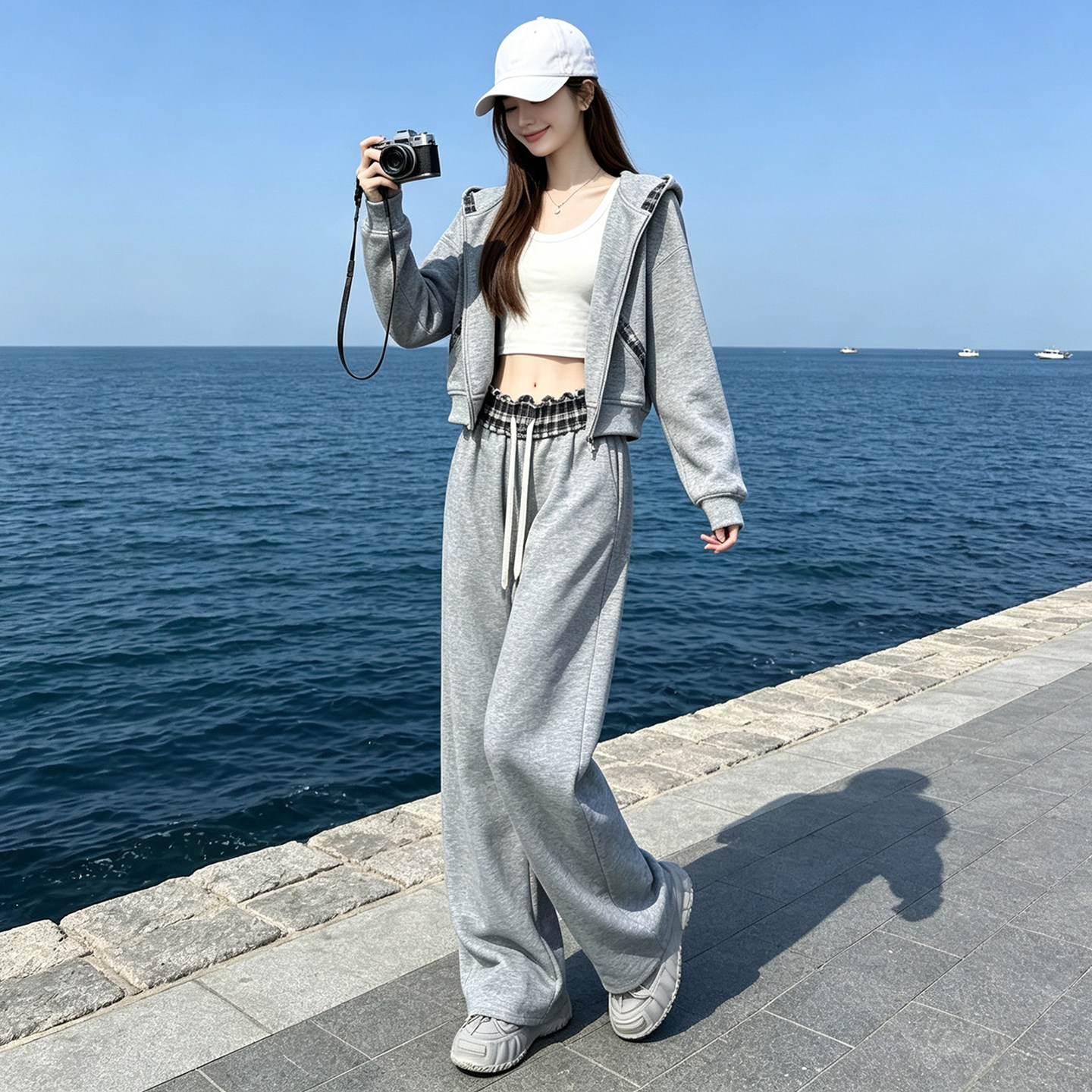 秋格子撞色连帽卫衣阔腿裤套装女