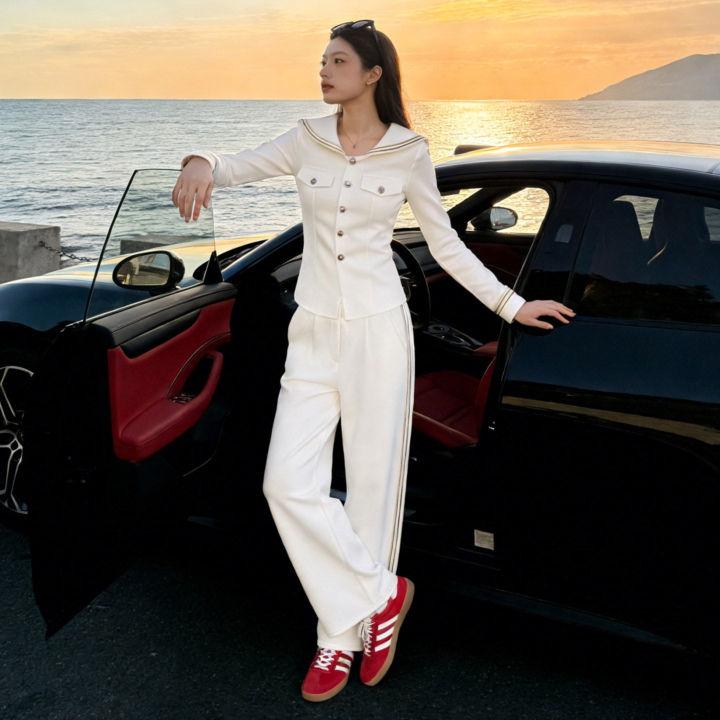 航海系海军领修身显瘦卫衣休闲运动套装女2026春垂感阔腿裤两件套