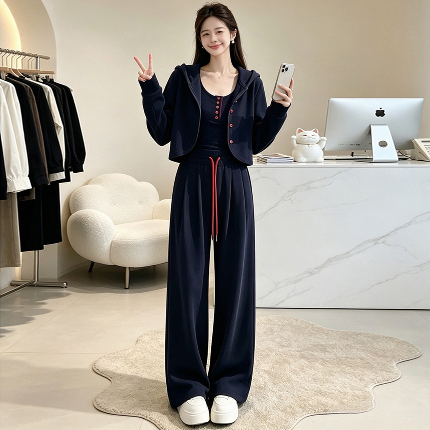 秋连帽短卫衣吊带阔腿裤三件套女