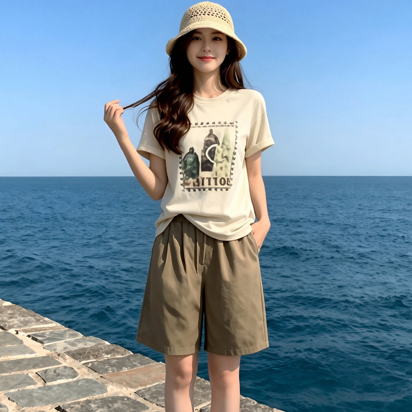 复古印花短袖五分短裤休闲套装女