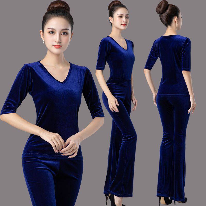 形体训练服女套装2021秋冬金丝绒v领长袖修身长裤蓝色舞蹈练功服