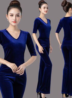 形体训练服女套装2021秋冬金丝绒v领长袖修身长裤蓝色舞蹈练功服