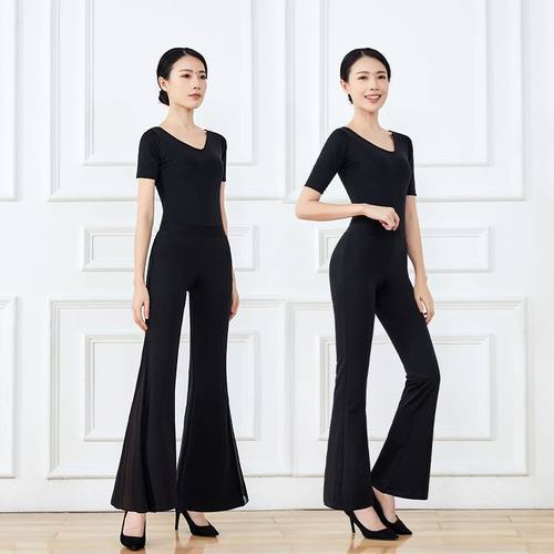 形体训练服女修身跳舞V领