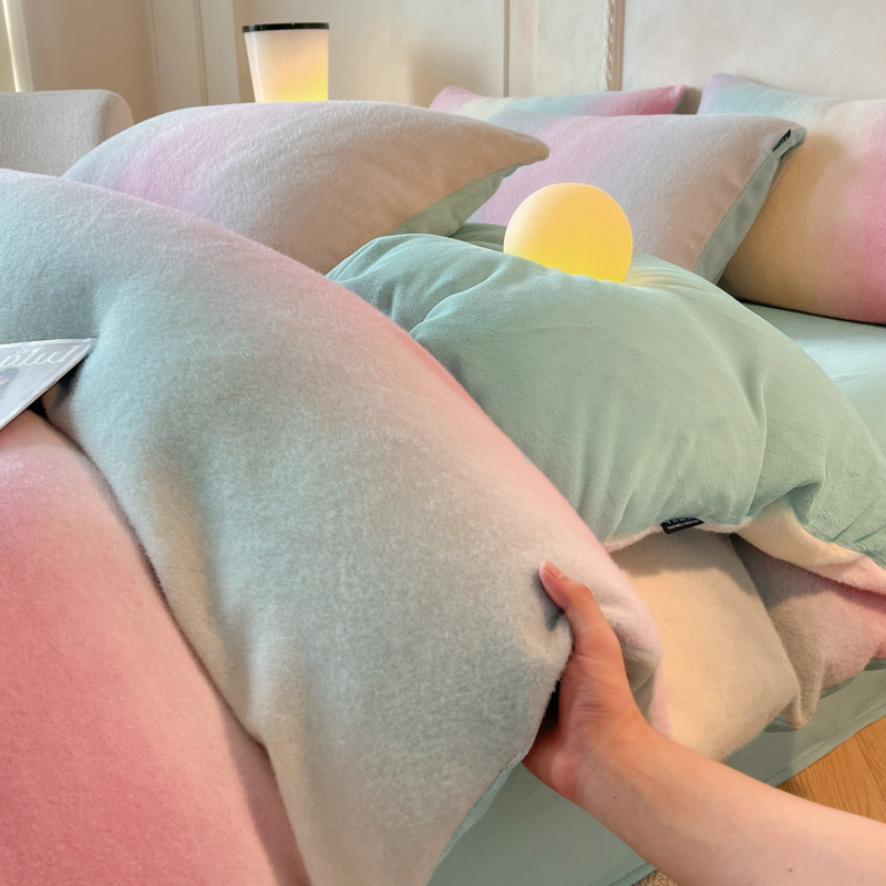 彩虹少女渐变色秋冬牛奶绒四件套