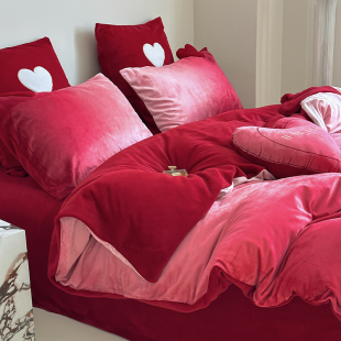 少女心牛奶绒结婚四件套冬款 渐变色加厚珊瑚绒被套红色法兰绒床品
