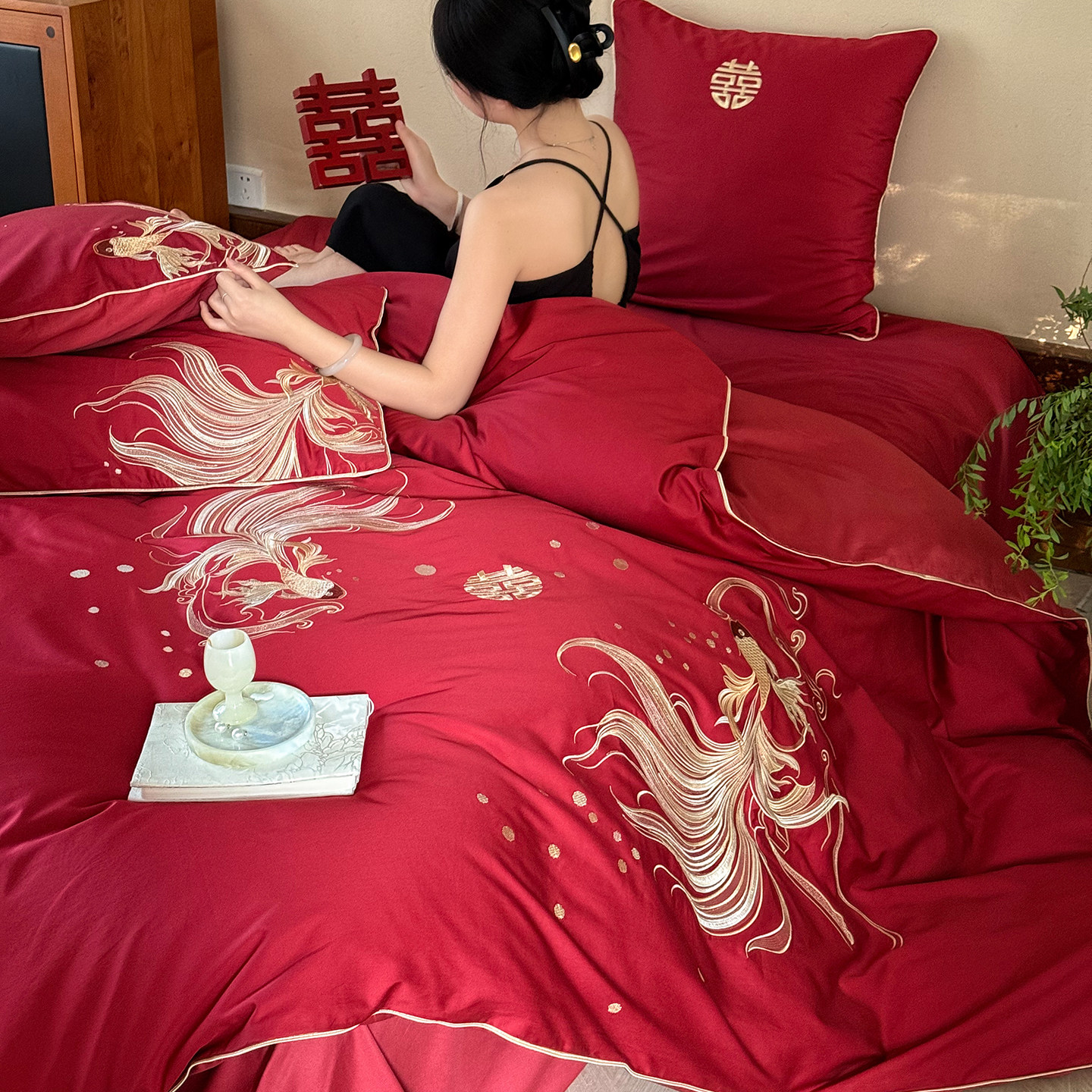 结婚用四件套红色纯棉囍嫁国风吉庆有鱼喜被套婚庆送新人陪嫁床品