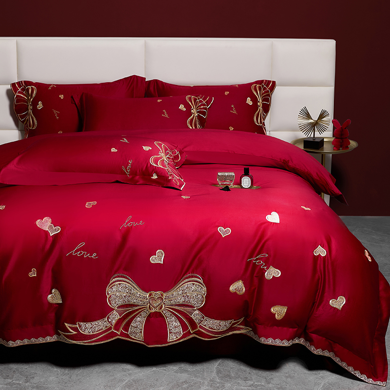 高端婚庆四件套100支长绒棉蝴蝶结红色被套纯棉全棉结婚床上用品4