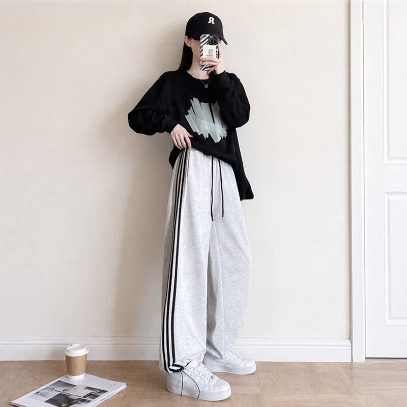 美式条纹运动裤女2026新款春季休直筒休闲卫裤小个子灰色阔腿裤子