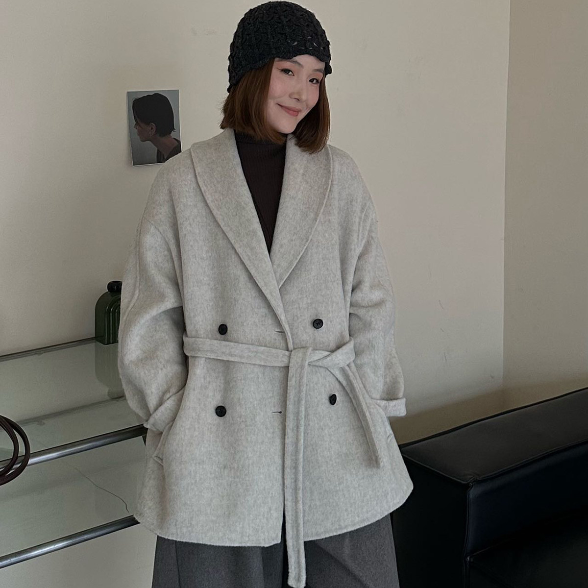 韩版双排扣毛呢外套女系带收腰