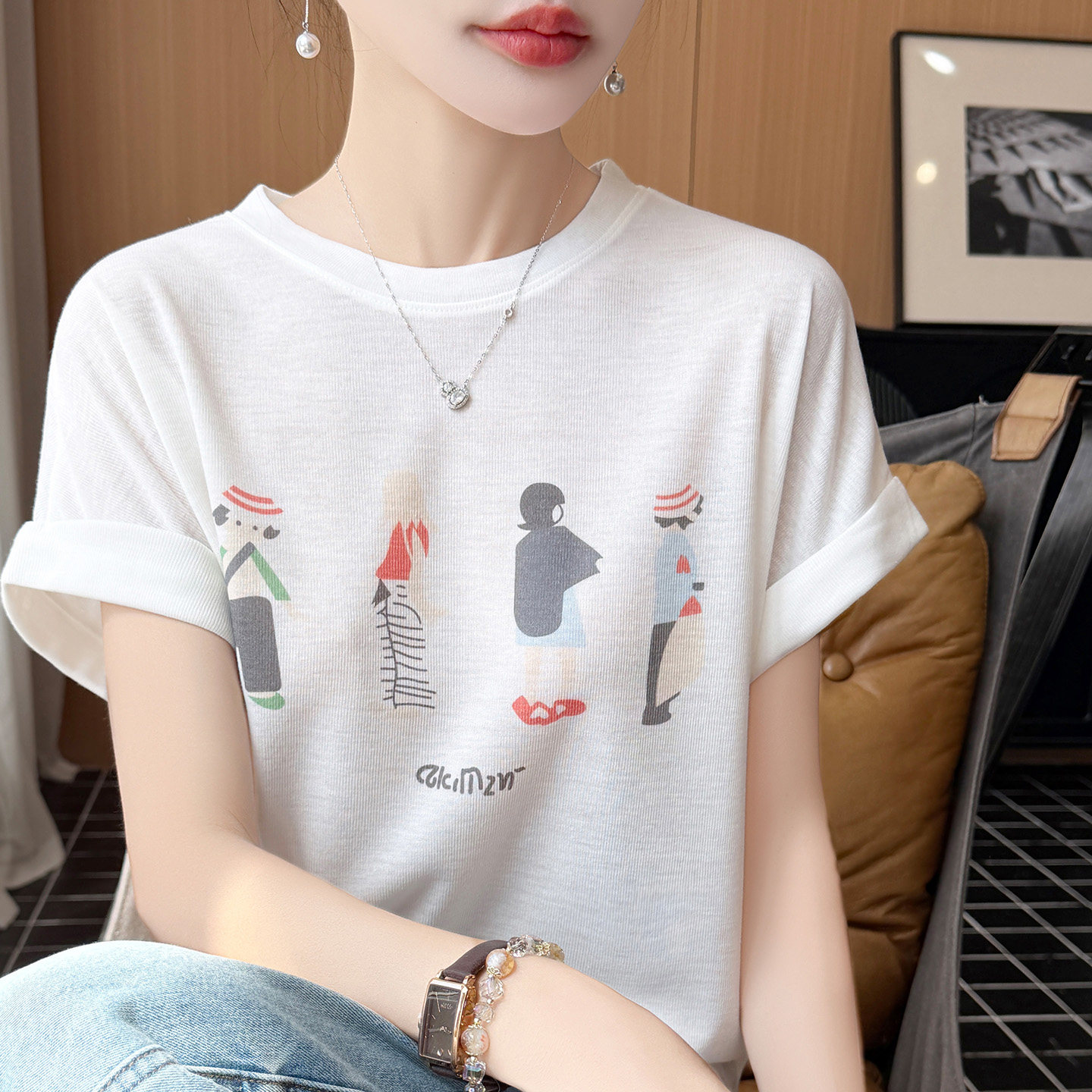韩系卡通印花短袖T恤女白色落肩袖百搭显瘦上衣天丝亚麻针织衫爆
