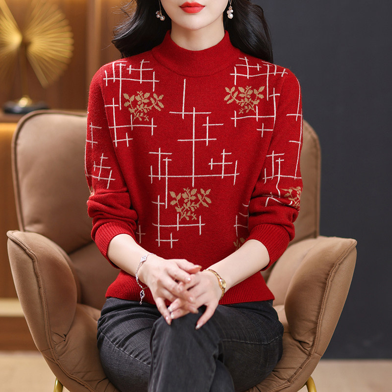 红色半高领提花羊毛针织衫女秋冬