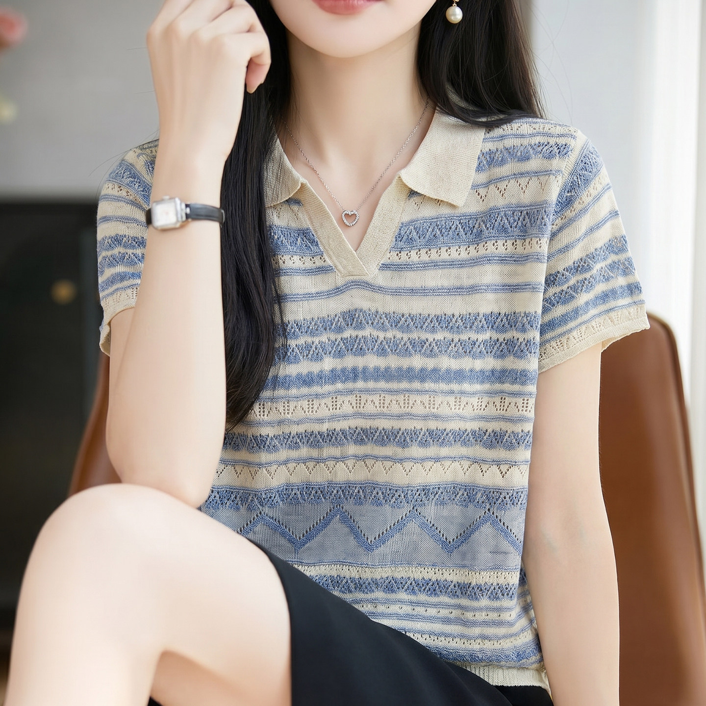 撞色条纹翻领短袖T恤女薄款透气