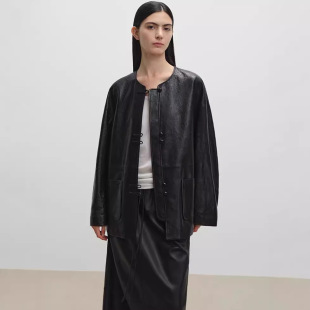 皮衣女真皮外套 复古盘扣进口植鞣绵羊皮长袖 2024年秋冬新款 新中式