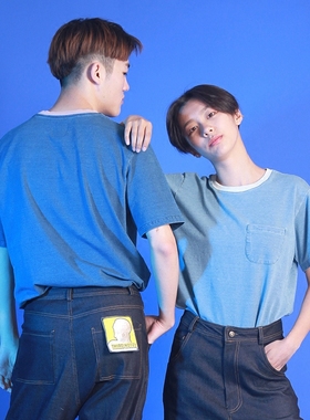三分音符浅蓝深蓝色水洗针织牛仔T恤口袋男女同款新品ifashion