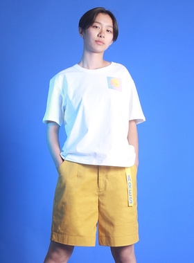 三分音符姜黄色中性印花带扣阔腿棉布弹性短裤男女款原创新品