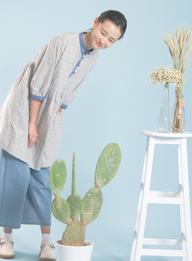 三分音符静物系列灰色格子棉布polo连衣裙衬衫领翻领宽松原创新品