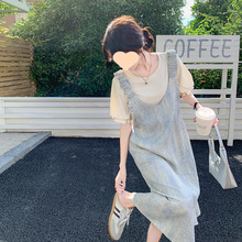 法式复古扎染背带裙女2025新款夏季减龄泡泡袖恤显瘦连衣裙套装