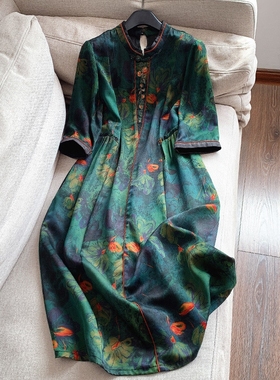 2025新真丝鍾缎香云纱桑蚕丝新国风显瘦连衣裙长裙 H02AQ84009