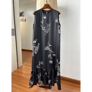 真丝斜纹绸连衣裙下摆拼接荷叶边印花宽松遮胯遮肚无袖背心裙长款