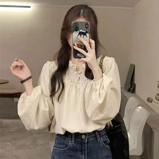女2025年春裝 法式 復(fù)古長(zhǎng)袖 襯衫 設(shè)計(jì)感小眾木耳邊寬松上衣超仙 新款