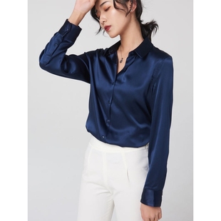 女2025春秋款 撞色长袖 桑蚕丝真丝衬衫 职业装 衬衣通勤修身 方领开衫