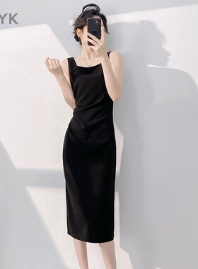 高级感修身显瘦晚礼服女2025新款方领吊带连衣裙女春夏无袖小黑裙