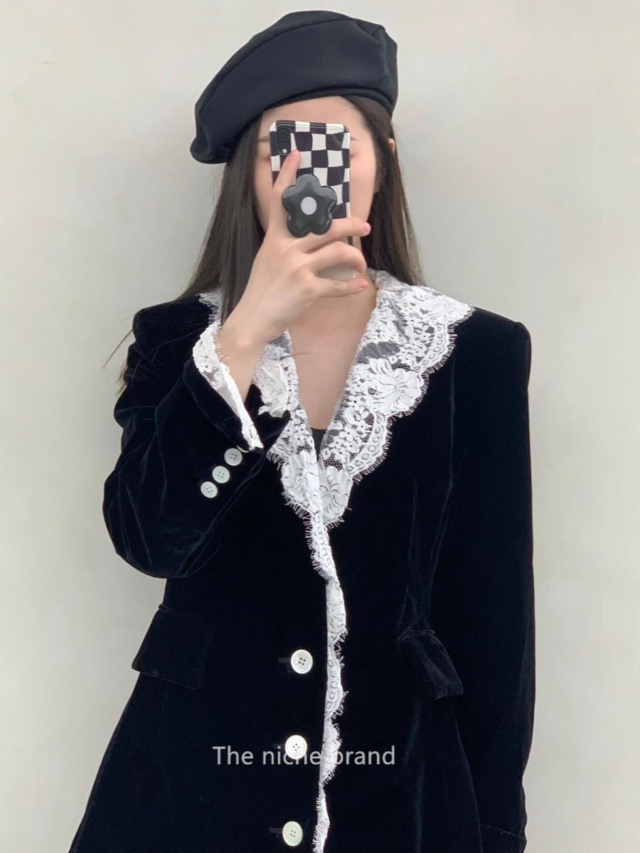 Korean EENK retro jacket lace spliced ​​velvet blazer casual versatile black top
