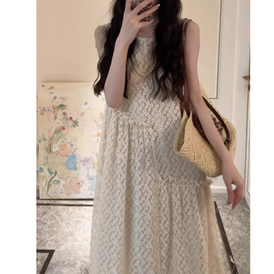 法式高级感蕾丝小个子连衣裙女夏季气质宽松慵懒风无袖背心长裙子