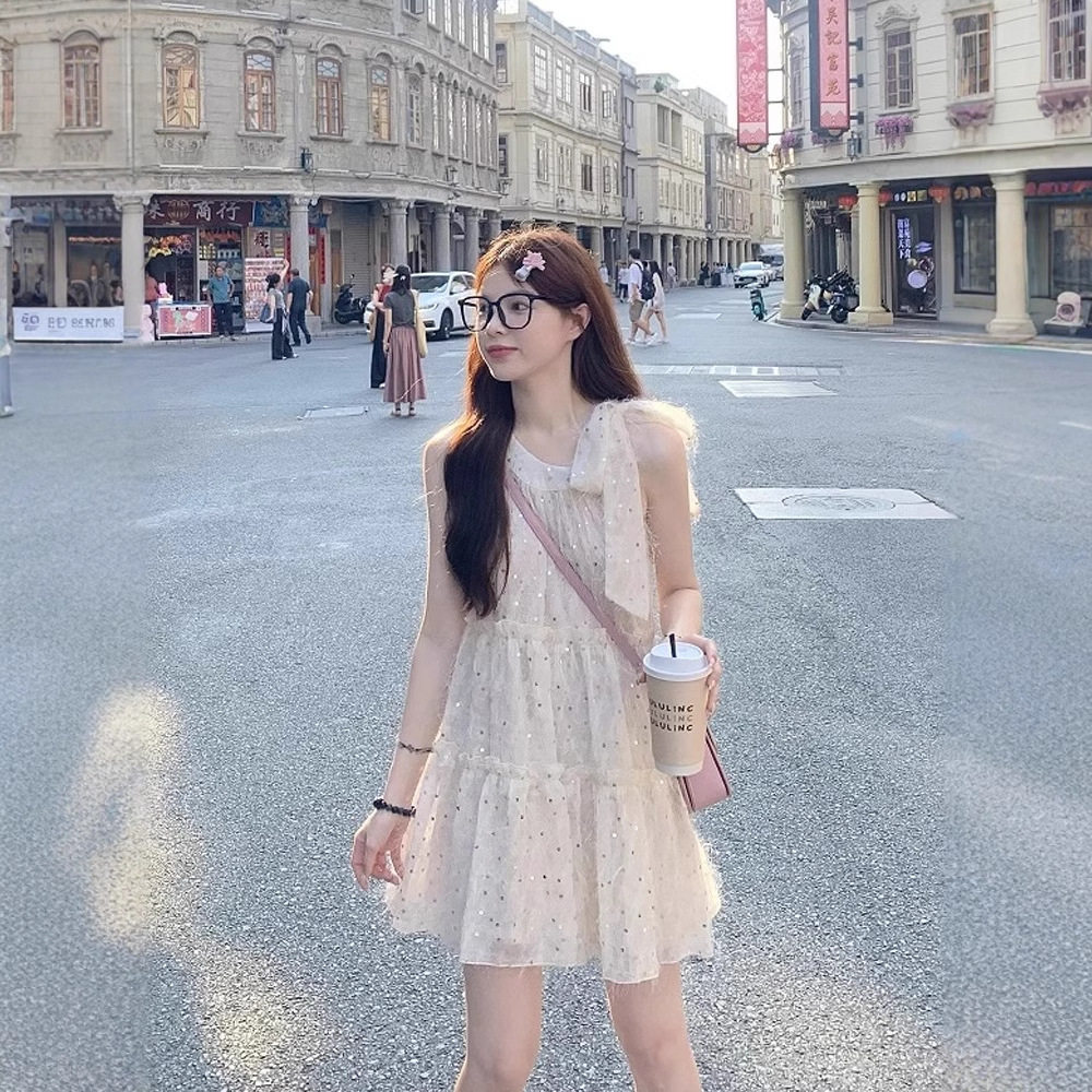蝴蝶结系带亮片挂脖连衣裙女夏气质高级感公主娃娃裙无袖生日短裙
