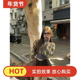 五折福利。    泡菜订制菱格针织泡泡袖毛衣韩版洋气复古针织上衣
