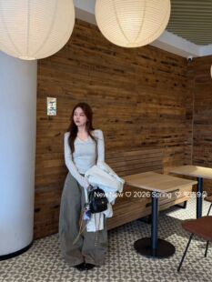 2026春季 T恤女时尚 新款 宽松百搭休闲条纹长袖 纽结上衣潮 韩版 正品