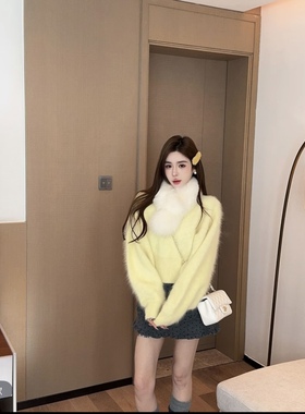 泡菜订制黄色兔毛混纺针织毛衣2025冬季新款韩版甜美洋气套头上衣