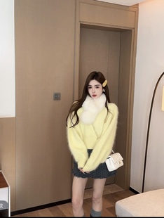 甜美洋气套头上衣 韩版 泡菜订制黄色兔毛混纺针织毛衣2025冬季 新款
