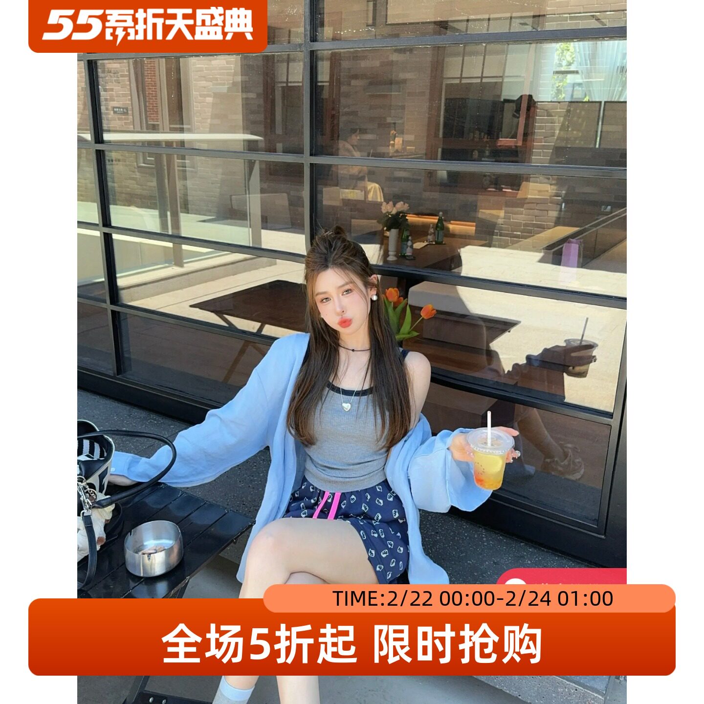 五折福利。  泡菜订制蓝色棉麻慵懒防晒衬衫女韩版休闲polo领上衣
