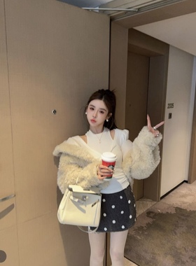 泡菜订制米色羔羔毛连帽外套女2025冬季新款韩版宽松加厚毛毛上衣