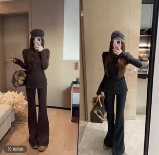 休闲显瘦上衣微喇裤 泡菜订制显瘦双色加绒套装 韩版 新款 女2025冬季
