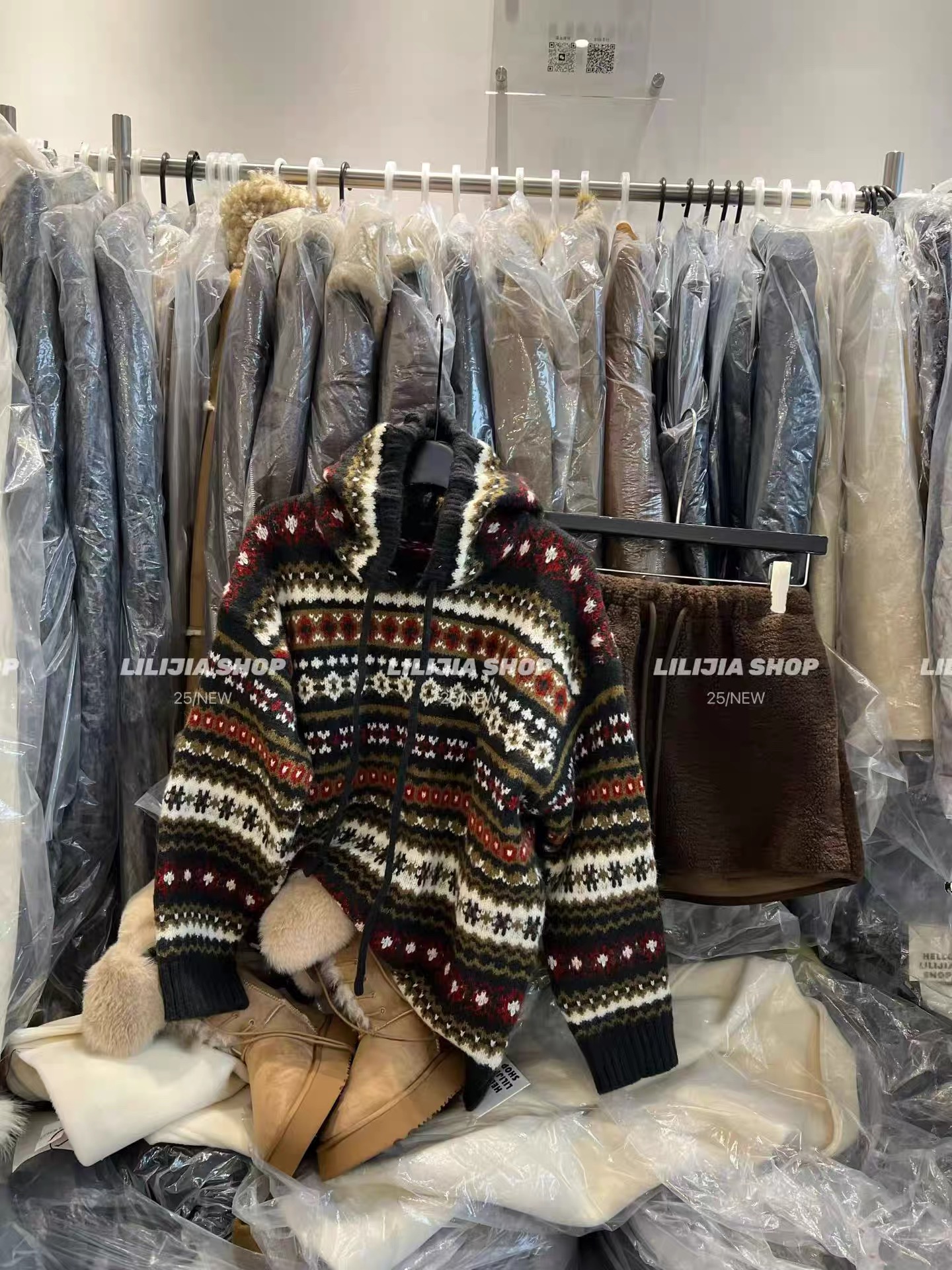 韩国东大门2025冬季新款韩版宽松休闲连帽针织复古提花毛衣外套潮