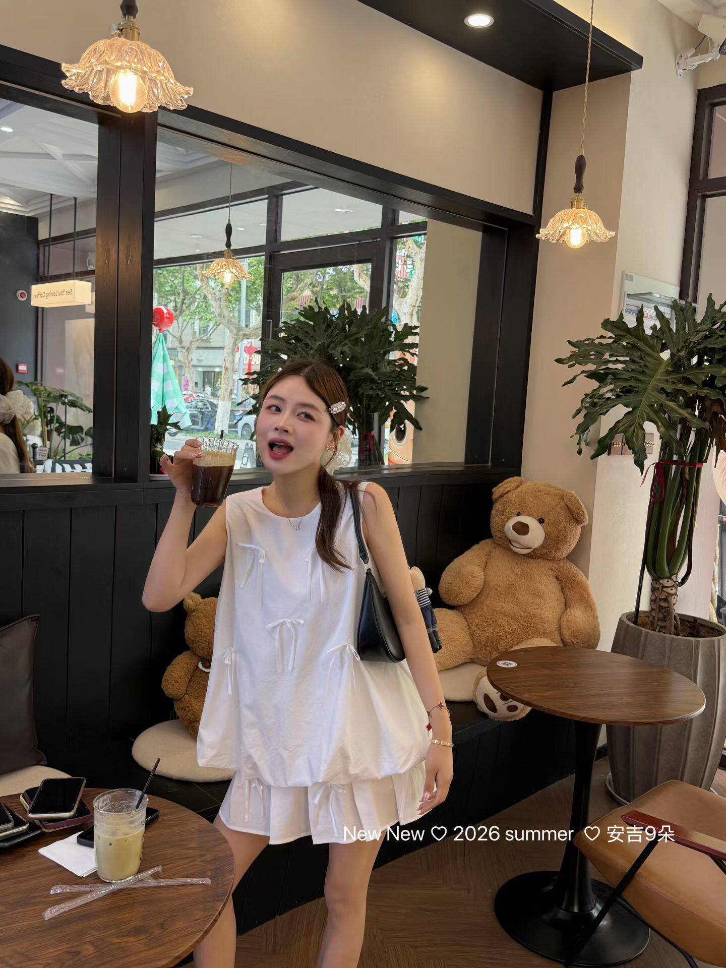 正品实拍2026夏季新款韩版宽松蝴蝶结洋气无袖背心+伞裙时尚套装