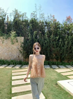 正品实拍2026新款韩版时尚百搭显瘦气质简约网纱花朵吊带背心上衣