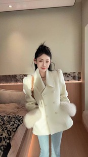 2025冬新款 口可拆卸狐狸毛新年战袍大衣 翻领收腰双排扣双面羊毛袖