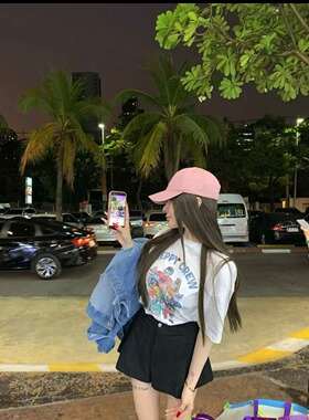 2026春季新款韩版宽松百搭卡通印花短袖T恤女简约时尚休闲上衣潮