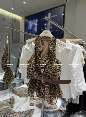 正品实拍夏季装新款女装高档气质宽松显瘦豹纹吊带挂脖上衣配腰带