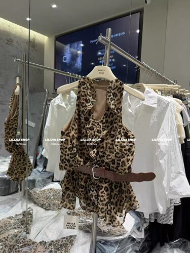 正品实拍夏季装新款女装高档气质宽松显瘦豹纹吊带挂脖上衣配腰带