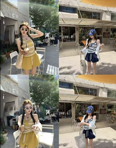 九月家【盛夏物语】黄白条冰丝针织吊带/黄色运动感抽绳短裤套装