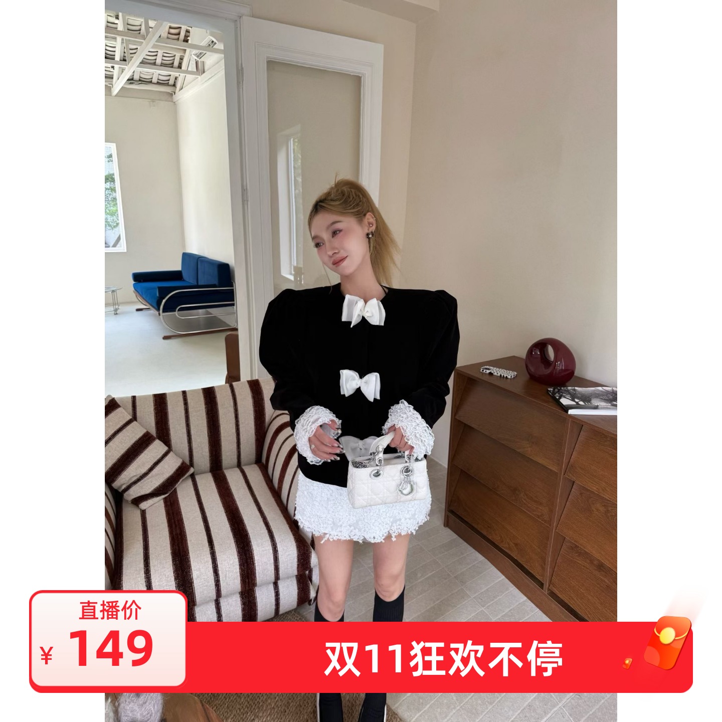 韩国东大门2025秋冬新款韩版百搭洋气蕾丝蝴蝶结拼色小香短外套潮