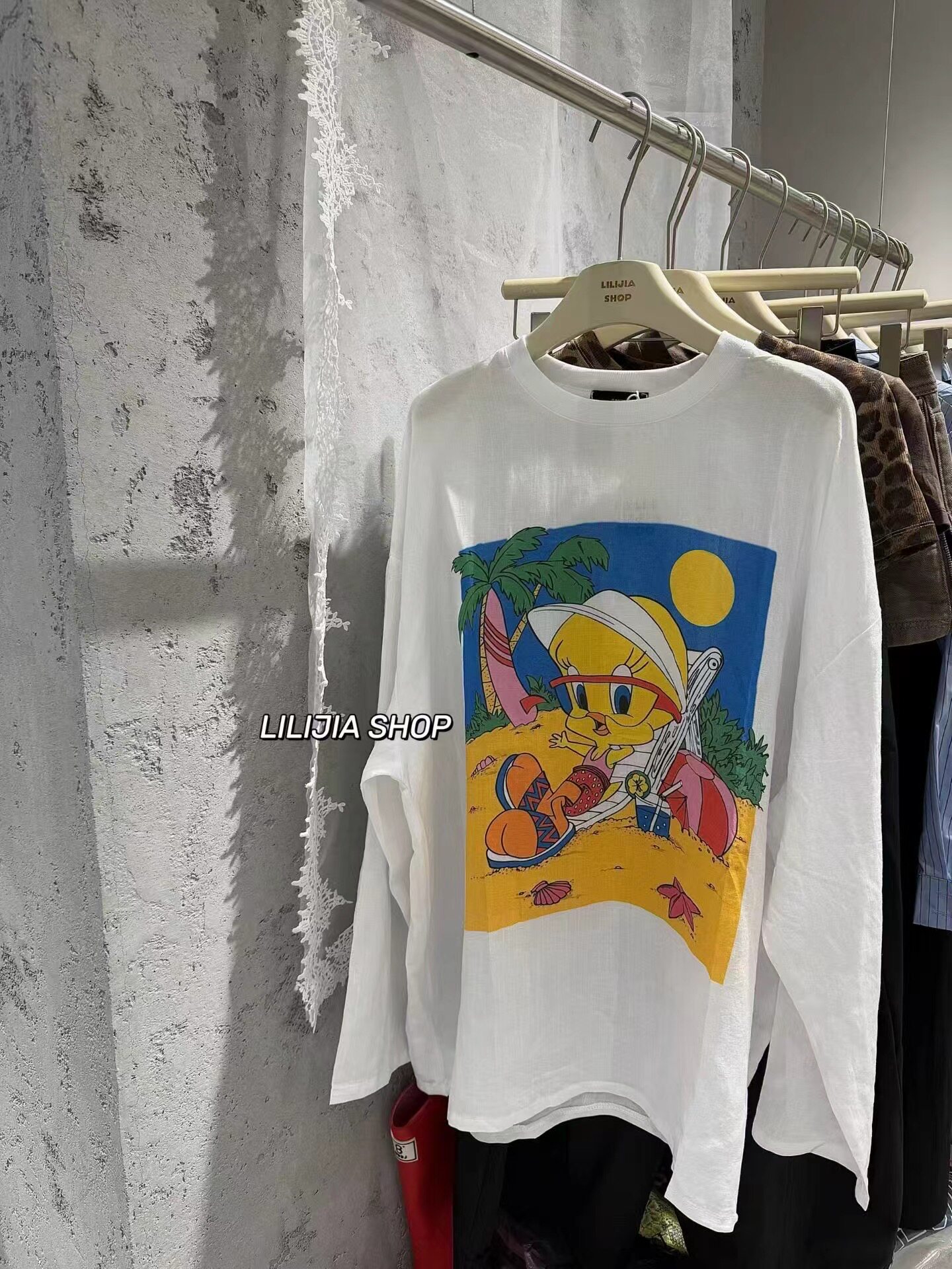 LiLijia正品2026早秋新款韩版宽松慵懒风卡通印花100%麻料上衣T恤